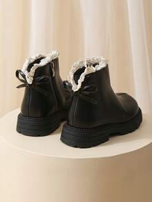 1 Pair 2026 New Girls' Lace Trim Ankle Boots, Soft Leather Thick Sole Anti-Slip Boot Design, Sweet Princess Gentle Style, Suitable For Autumn/Winter Daily Wear And Matching With Dresses - Black - View 7