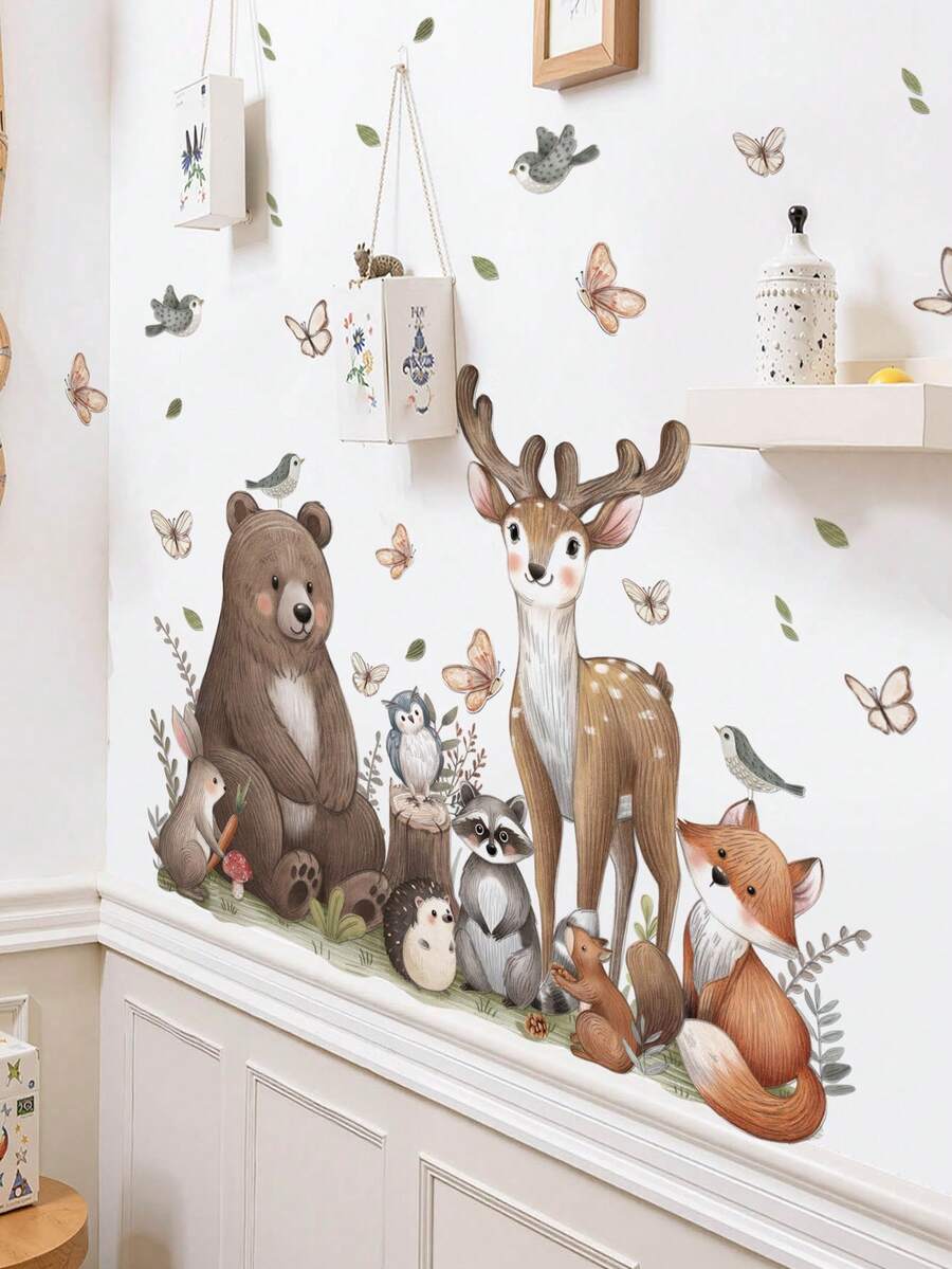 1pc,Cartoon Animal Decorative Wall Sticker,Hot Air Balloon Bear,Dinosaur Excavator,Colorful Cartoon Animal Wall Sticker,Baseboard Sticker,PVC Self-Adhesive Removable,Suitable For Bedroom,Living Room,Study,Dining Room,Bathroom,Home Wall Decoration,Room Decoration,Etc. - Multicolor - View 1