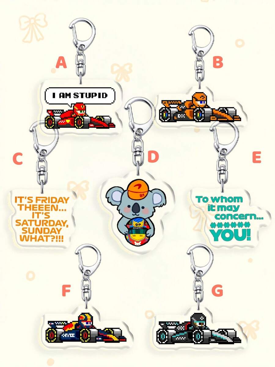 1pc/7pcs Cute F1 Racing Meme Acrylic Keychains, Funny Racer Quote Bag Charms, Oscar Piastri Driver Cartoon Pendant, Racing Enthusiast Key Accessories, Perfect Gift For Parents, Graduates, Teachers, Back To School Season - Multicolor - View 1