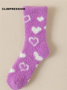 CLIMPRESSION Kaos Kaki Wanita Musim Gugur/Dingin Motif Hati Ungu Bahan Bulu Karang Lembut, Kaos Kaki Tidur Dalam Ruangan yang Lembut, Hangat, dan Nyaman - Violet Purple - View 3