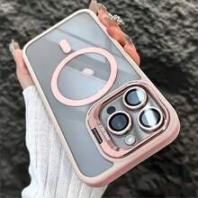 Casing Ponsel Tiga-dalam-Satu dengan Bingkai Logam Magnetik Sederhana, Pelindung Lensa/Stand untuk 16 16pro 16proMax 15 15Pro 15ProMax 14 14Pro 14ProMax 13 13Pro 13ProMax 12 12Pro 12ProMax 11, Casing Pelindung Belakang Akrilik Anti-Jatuh dengan Cangkang Keras. - Berwarna merah muda - View 10
