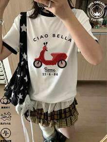 Kaos Wanita Kasual Longgar Leher Bulat Lengan Pendek Motif Huruf & Mobil, Serbaguna untuk Musim Semi/Panas, Warna Putih - Putih - View 5