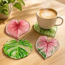 4/5pcs Calathea/Monstera Acrylic Tropical Plant Leaf Coasters, New Ins Style Heat-Resistant Coaster Set, Protects Tabletop From Hot Drinks, Cups And Plates, Suitable For Office, Restaurant, Cafe - Multicolor - View 2