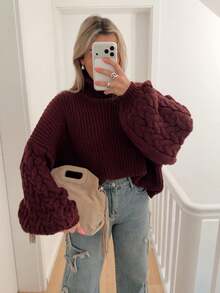 Women's Burgundy High Neck Knit Sweater, Bishop Sleeve Design, Comfortable And Fashionable, Autumn/Winter Essential Top - Burgundy - View 4