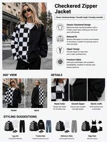 Women's Spring/Autumn Black & White Plaid Stand Collar Zip-Up Jacket, Asymmetric Patchwork Loose Casual Outerwear With Adjustable Drawstring Hem - Black - View 7