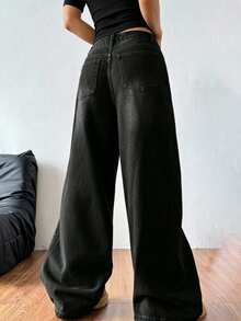 Teenagers' Fashionable Wide-Leg Black Casual Denim Jeans - Black - View 2