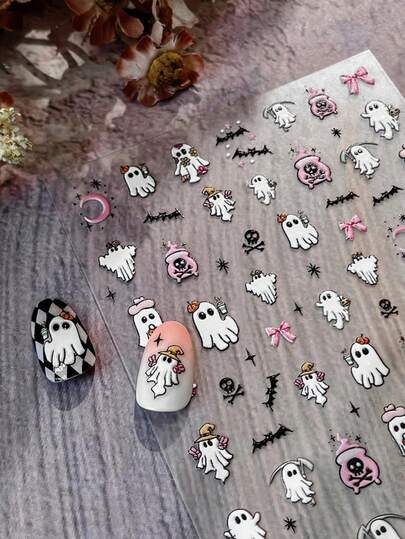 1pc 3D Embossed Skull Nail Art Sticker, Macaron Color Skull Gesture Nail Sticker, Self-Adhesive Gothic Cute Nail Art Sticker