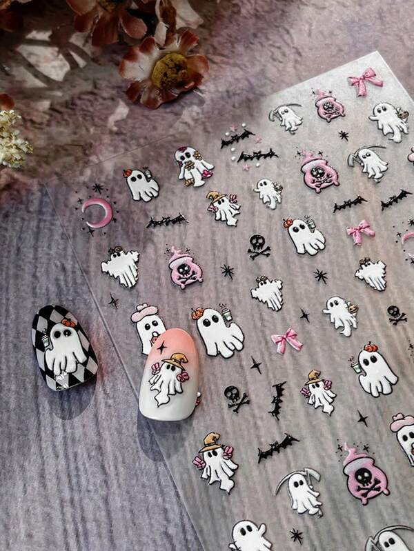 1pc 3D Embossed Skull Nail Art Sticker, Macaron Color Skull Gesture Nail Sticker, Self-Adhesive Gothic Cute Nail Art Sticker
