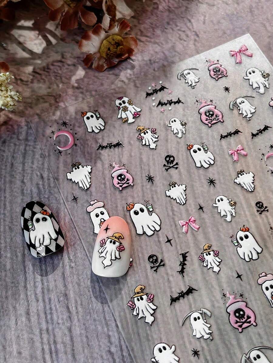 1pc 3D Embossed Skull Nail Art Sticker, Macaron Color Skull Gesture Nail Sticker, Self-Adhesive Gothic Cute Nail Art Sticker - Multicolor - View 1