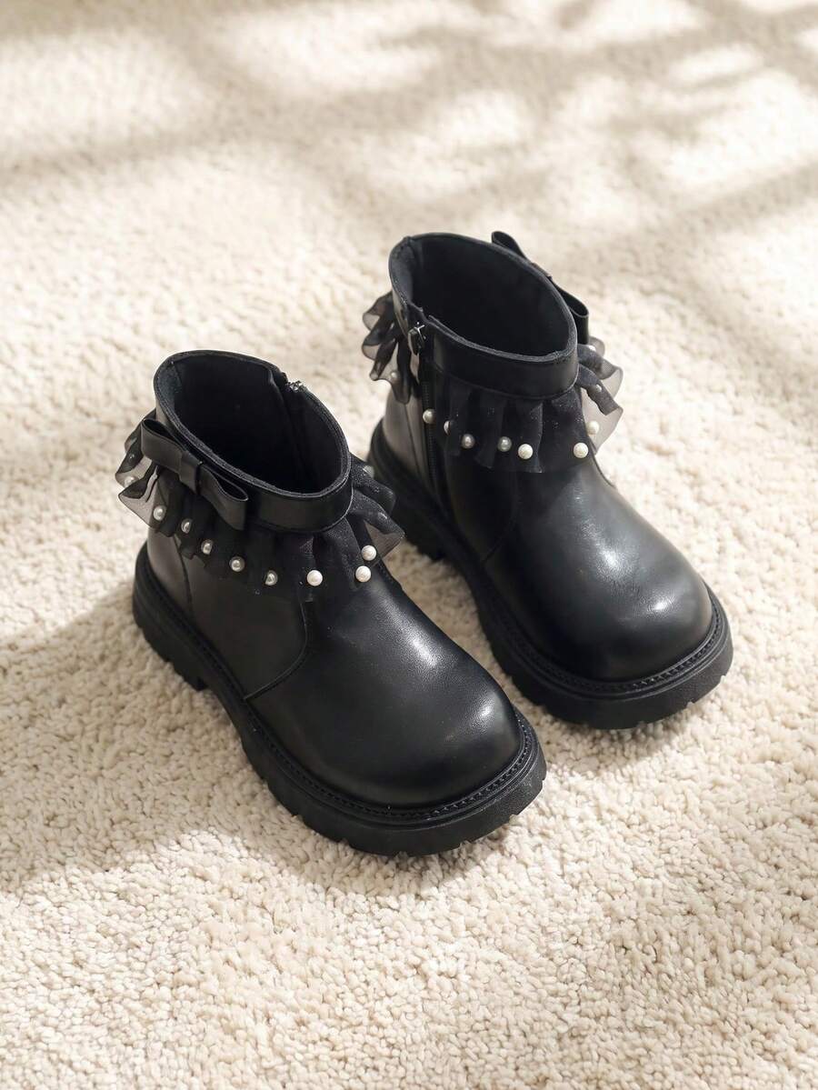 1 Pair 2026 New Girls' Ankle Boots, Mesh Pearl Lace Side Zipper Thick ...