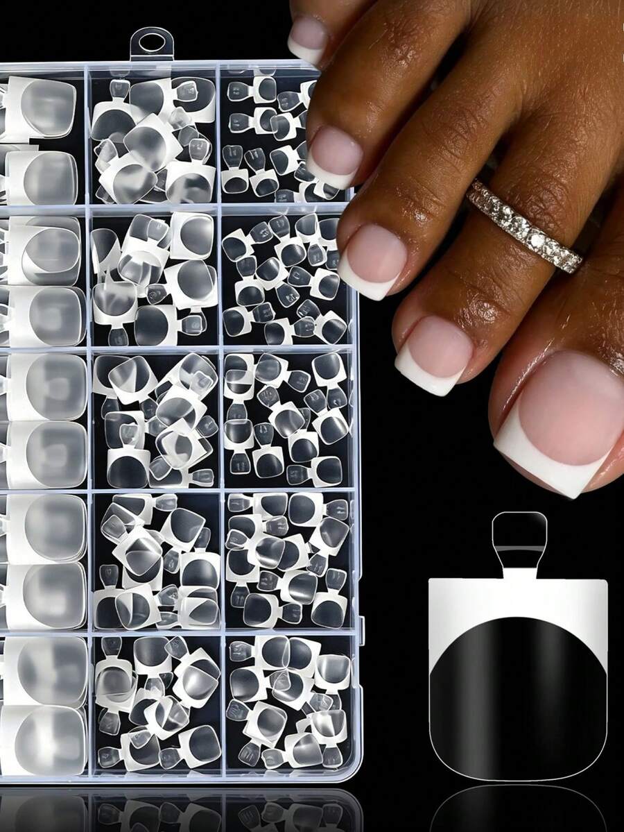 150Pcs Clear Matte French Press On Toenails Short Square Full Cover Fake Toe Nails For Summer Wearable White Edge False Toe Nail - 彩色 - 查看 1