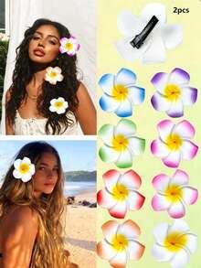 2 piezas de pinzas para el cabello con flor de plumeria degradada de espuma, 5 pétalos, pasadores florales para mujer, estilo tropical de playa bohemio de verano - Multicolor - Ver 8