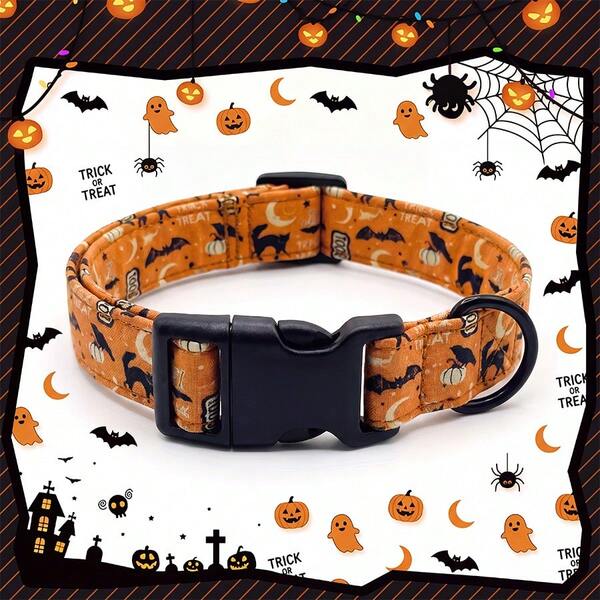 Cute Halloween Dog Collar, Orange Black Cat Pumpkin Trick Or Treat Print Spooky Ghost Bat Moon Pattern Pet Neck Strap With Quick Release Buckle & Metal D-Ring, Halloween Costume Party Accessory For Small Medium Dogs Puppies Cats