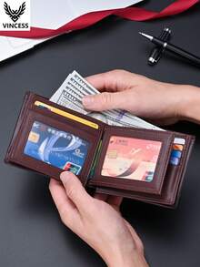 VINCESS Men's Genuine Leather Business Wallet, Anti-Theft, Fashion Design, Large Capacity Luxury Cowhide Men's Wallet, With Card Slots, Credit Card Slots, Multi-Function Business Wallet, Ideal Gift For Men - Black - View 9
