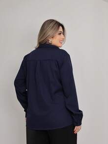 Women's Plus Size Long Sleeve Solid Color Dress Shirt - Navy Blue - View 3