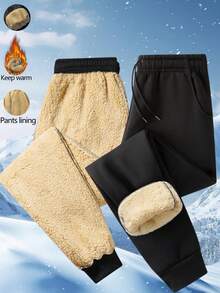 Men's Winter Warm Jogging Sweatpants, Full Fleece Lining, Elastic Drawstring Waist, Ribbed Cuffs - Black - View 2
