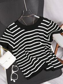 Blusa de punto de manga corta casual con rayas y contraste de color para tallas grandes, ideal para el verano - Blanco y Negro - Ver 2