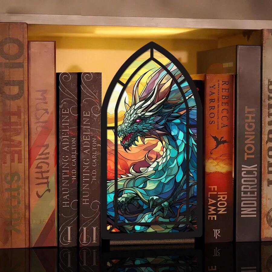 2D Flat Style, 1pc Dragon Shaped Bookend Decor - Gothic Library Sign, With Dragon And Book Spine Design, Suitable As Christmas, Valentine's Day, Thanksgiving Gift For Readers And Fantasy Book Fans, Also As Library Or Desk Decoration (Candle Not Included) - A - View 1
