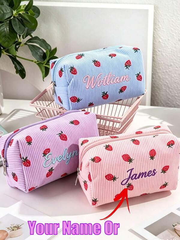 1pc Personalized Embroidered Strawberry Jewelry Storage Bag, Summer Student Stationery Pouch, Girls Dormitory Cosmetic Organizer Bag, Gift For Best Friend, Personalized Makeup Bag, Toiletry Bag, Storage Bag