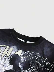 YUNCHIC Dark Skeleton Portrait Print Cropped Long Sleeve Pullover Sweatshirt Distressed Graffiti Letter Y2K Loose Streetwear - Black - View 3