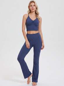 KyrLssu Quần legging nữ cạp cao không đường may, lưng gân, màu trơn, co giãn, định hình bụng, quần capri tập yoga và fitness - Màu xanh hải quân - Xem 3