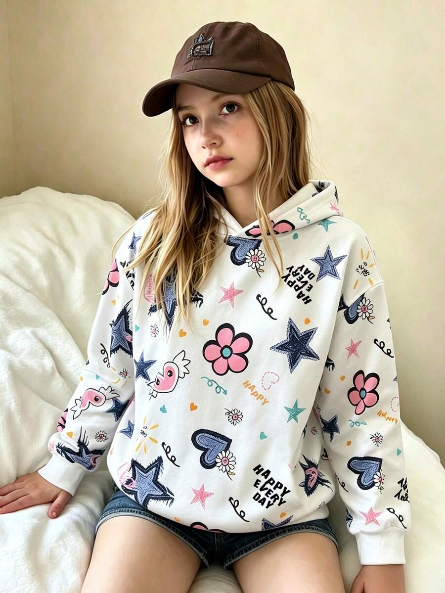 Teen Girls Minimalist Design Cute Sweet All-Over Print Sweatshirt, Autumn/Winter New Comfortable Top, Fashionable Versatile - Multicolor - View 1