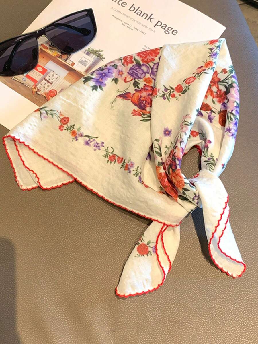 1件米色碎花正方形絲巾,女款春夏新款高級薄紗領巾,百搭裝飾細圍巾 - 白色 - 查看 1