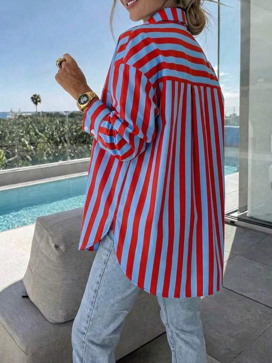 Women's Off-Shoulder Long Sleeve Striped Shirt, Casual Vacation Loose Fit, Suitable For Spring/Summer Commute And Daily Wear - Red and Blue Stripes - View 1