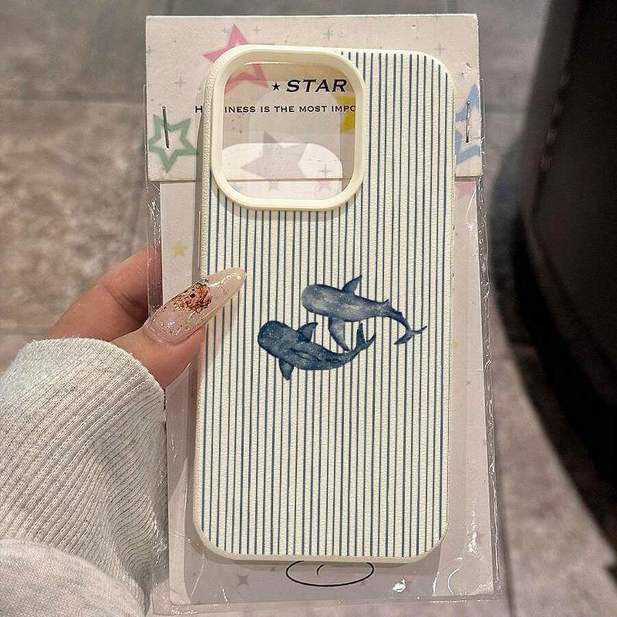 [24h Versand Aus DE/FR/ES]Blue Thin Vertical Stripe Watercolor Two Whale Print Large Camera Cutout Lychee Texture Phone Case Compatible With IPhone 17 17Air 16e 16 15 14 13 12 11 Plus Pro Max  Galaxy S21 S22 S23 S24 S25 S26 Ultra Edge Fe Plus   Soft Shockproof Protective Cover Sweet Birthday Holiday Gift For Ocean Marine Lovers Women Girls - 1 Main Image - View 1
