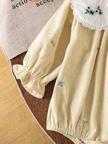 Baby Girl Floral Embroidered Peter Pan Collar Long Sleeve Bodysuit - Beige - View 6