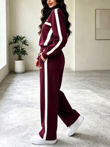 女款休閒兩件式運動服套裝，適用秋冬，包含拉鍊領夾克與側條紋長褲，微彈性面料，適合日常穿著 - 紅酒18+白 - 查看 9