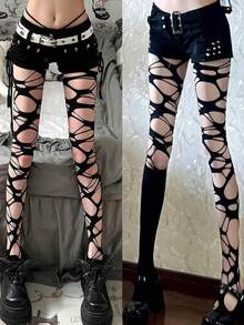 Celana Ketat Wanita Sobek dengan Potongan, Celana Ketat Transparan Hitam Bertekstur untuk Gaya Punk Y2K, Gothic & Streetwear - MultiWarna - View 4