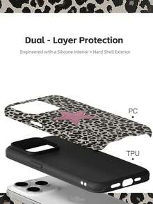 Leopard Print With Pink Star Embroidery Two-In-One Phone Case, PC Hard Shell + TPU Soft Shell, Matte Protective For Daily Use & Gift, Phone, Cover Phone, Matching Phone Cases, Phone Cases, Phone Case, Case Compatible With Iphone 11 12 13 14 15 16 16e 17 Pro ProMax Air Galaxy S26 S25 - Matte Magnetic - View 4