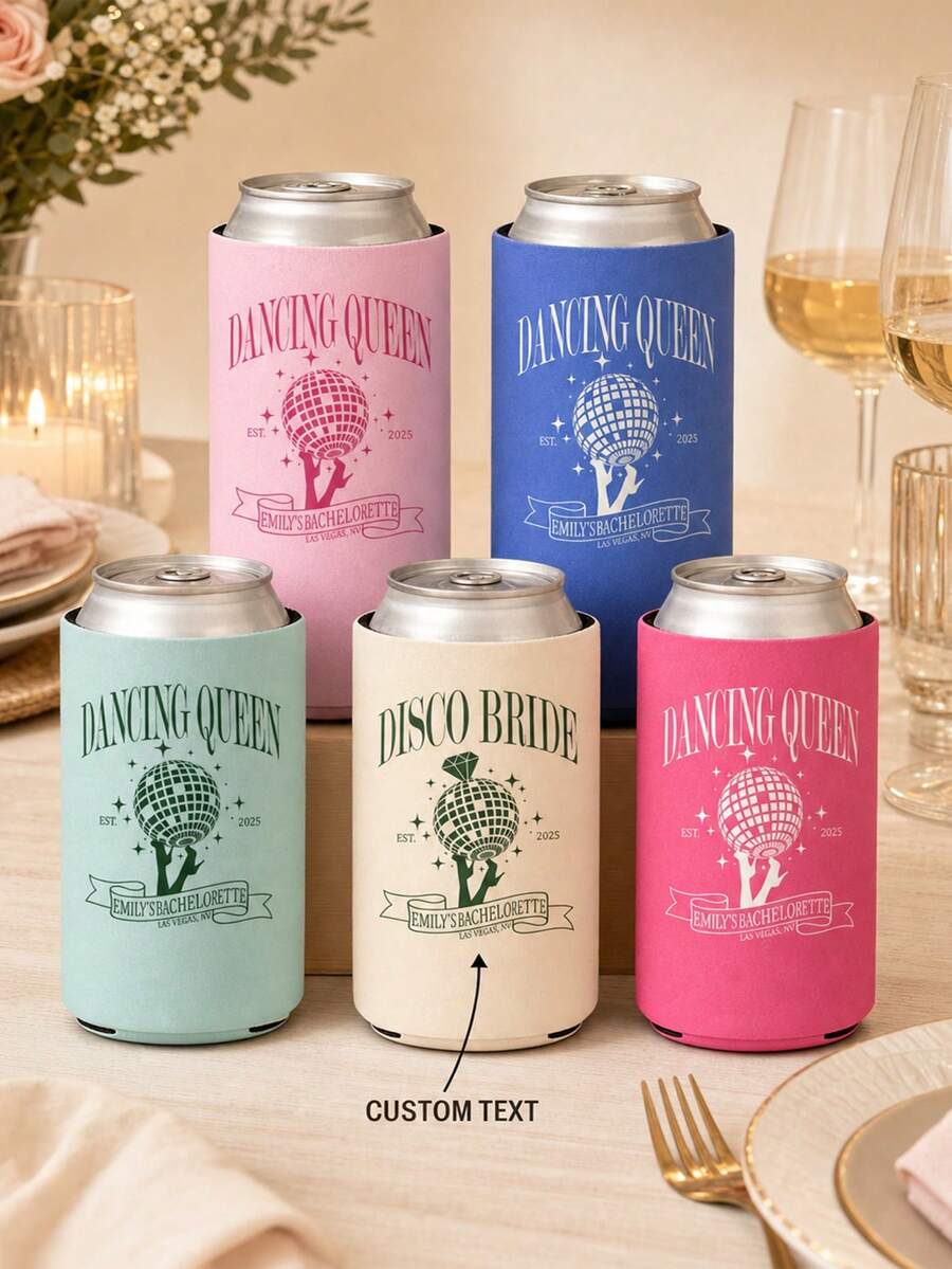 1件客製化 Disco Queen 杯組，個性化新娘姓名飲水杯，復古單身派對啤酒杯套 - 彩色 - 查看 1