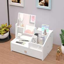 360° Rotating Mirror Makeup Organizer With Drawers And Multiple Storage Compartments, Cute Cat Ear Vanity Storage Box For Makeup Brushes, Lipsticks, Skincare Products (White) - 29CM - View 13