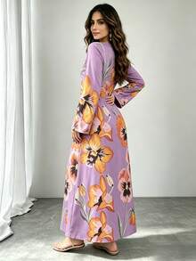 1 buah Gaun Wanita, Motif Geometris Berwarna-warni, Leher Bulat, Lengan Mengembang, Lengan Panjang, Abaya Longgar untuk Musim Gugur - Violet Purple - View 7