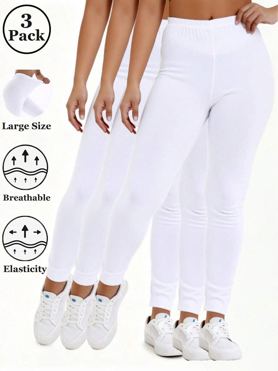 3 pcs Legging Panjang Putih Ukuran Plus, Kain Lembut Elastis Tinggi, Potongan Pendek, Pas Ramping, Tidak Ketat - Putih - View 1