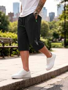 Men's Solid Color Sports 3/4 Pants, Elastic Drawstring Design Adjustable And Pockets Convenient To Carry, Lightweight And Comfortable, Suitable For Summer Sports And Casual Wear - Black - View 6