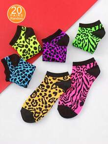 6/12/20/30 Pairs Women's Random Color Leopard Print Low-Cut Cute Short Socks, Fashionable Versatile, Minimalist Comfortable, Soft Breathable, Suitable For Daily Wear - Multicolor - View 12
