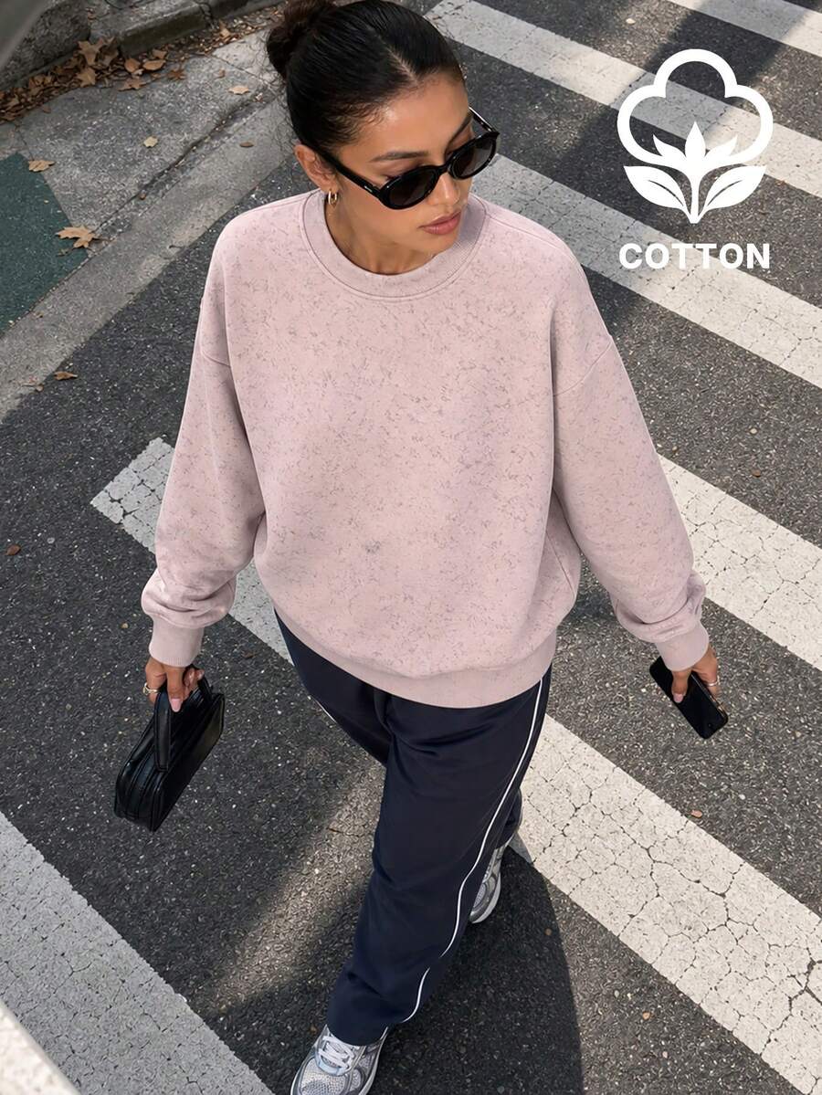 女款長袖圓領羅紋針織套頭衛衣,純棉常規長度上衣,適合秋季戶外穿著 - 粉色 - 查看 1