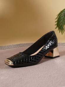2026 New Women's Gold Quilted Embossed Low Vamp Metal Toe Square Toe Chunky Heel 4.5cm Retro Office Commute Mid-Heel Slip-On High Heels - Black - View 7