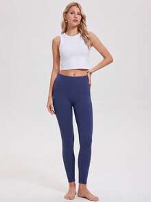 KyrLssu Women High Waist Seamless Ribbed Waistband Leggings, Solid Tummy Control Stretch Yoga Fitness Ankle Pants - Navy Blue - View 3