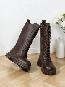 2026 New Cute Campus Style Dark Brown Knight Long Boots For Kids, British Style Children's Lace-Up Wear-Resistant Thick Sole Tall Boots, Suitable For Daily School Life, Simple Vintage Versatile Boots For Girls - Brown - View 5