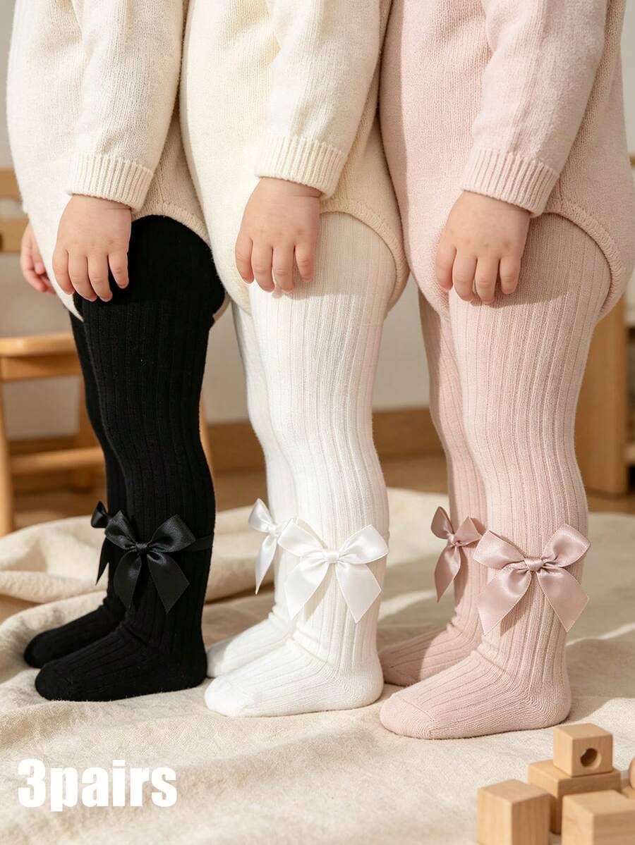 3 Pasang Celana Ketat Rajut Garis Vertikal Warna Polos dengan Hiasan Pita Besar Satin Lucu untuk Bayi Perempuan, Kaus Kaki Lapisan Dasar Harian yang Lembut dan Elastis - MultiWarna - View 1