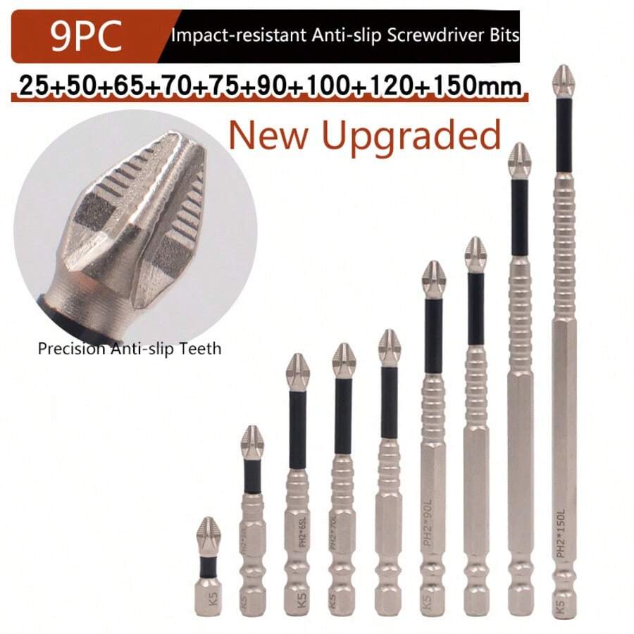 9pcs Impact-Resistant Non-Slip Screwdriver Bit Set, High Impact Resistance Anti-Breakage, Textured Non-Slip Design Ensures Firm Grip, Wear-Resistant And Durable, Suitable For Home Repair, Electronic Products And Furniture Assembly