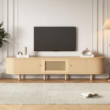 Modern Low-Profile TV Unit With Round Design And Roll-Up Shutter Door, Made Of MDF, With Drawer, Suitable For TVs Up To 75 Inches, For Living Rooms And Dining Rooms, 180x40x40cm, Wood Color. - 1 - View 1
