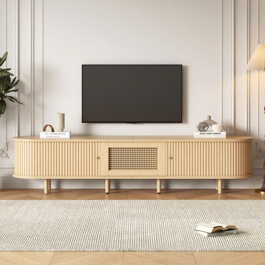 Modern Low-Profile TV Unit With Round Design And Roll-Up Shutter Door, Made Of MDF, With Drawer, Suitable For TVs Up To 75 Inches, For Living Rooms And Dining Rooms, 180x40x40cm, Wood Color. - 1 - View 1