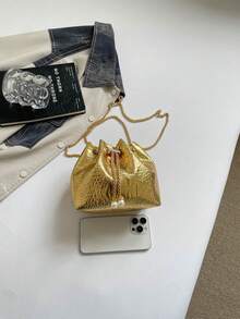 秋冬新款鱷魚壓紋單肩包，金屬鍊條抽繩背帶斜挎包，派對晚宴手拿包 - 金色 - 查看 7