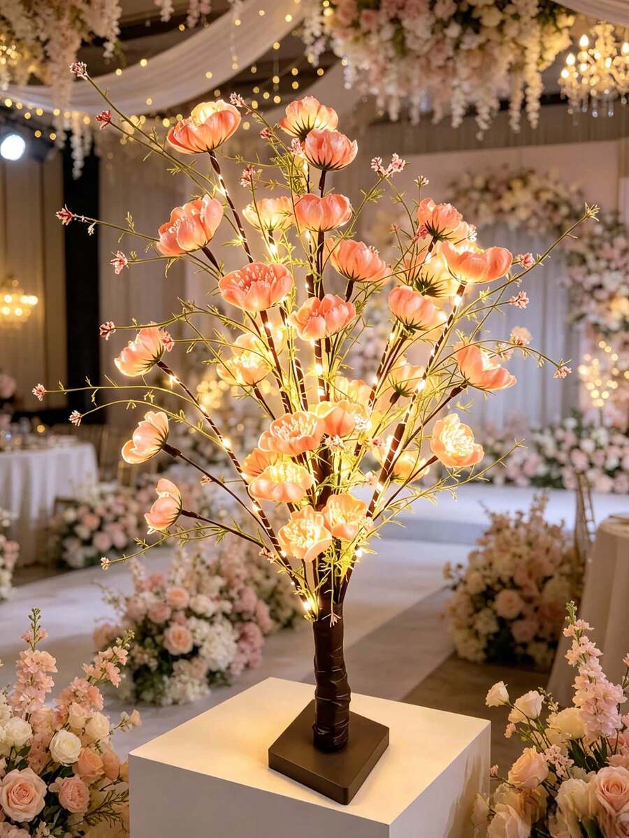 1PC 60CM 60LED Poppy Azalea Tree Light, USB & Battery Operated Warm White Artificial Flower Tree Lamp, Tabletop Decor For Bedroom Wedding Holiday Party - Yellow - View 1