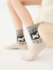 1 Pair/5 Pairs Women's New Autumn/Winter Vintage Japanese Fair Isle Warm Thick Fuzzy Cartoon Cute Puppy Pattern Mid-Calf Socks - Multicolor - View 10